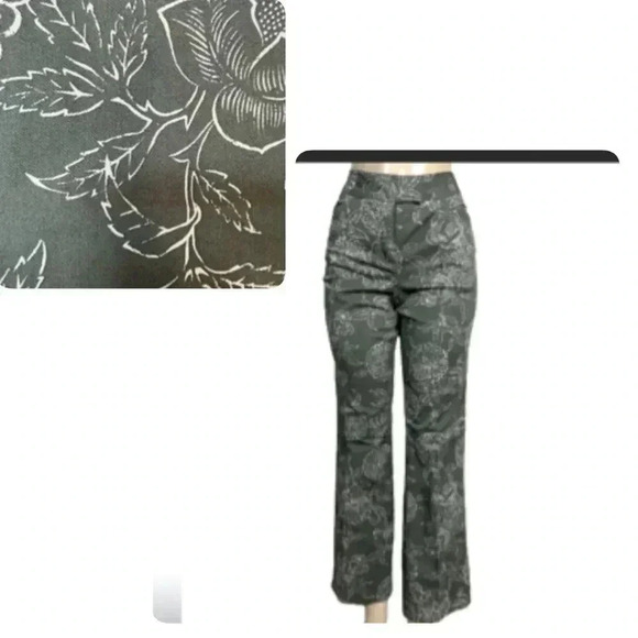 NewYork & Co Boot Cut Pants Olive Green & Crem Floral Print - Picture 3 of 12